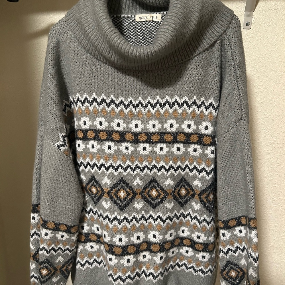 Cozy Cowl Neck Sweater in Gray and Tan